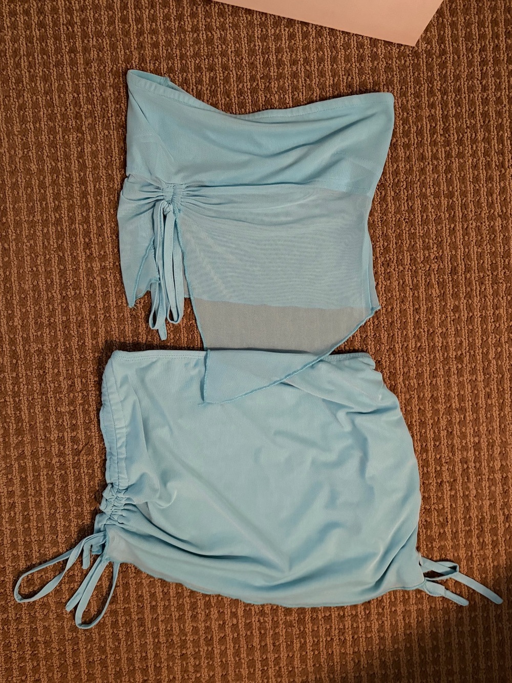 Edikted Light Blue Two-Piece Ruched Tube Top and Skirt Set